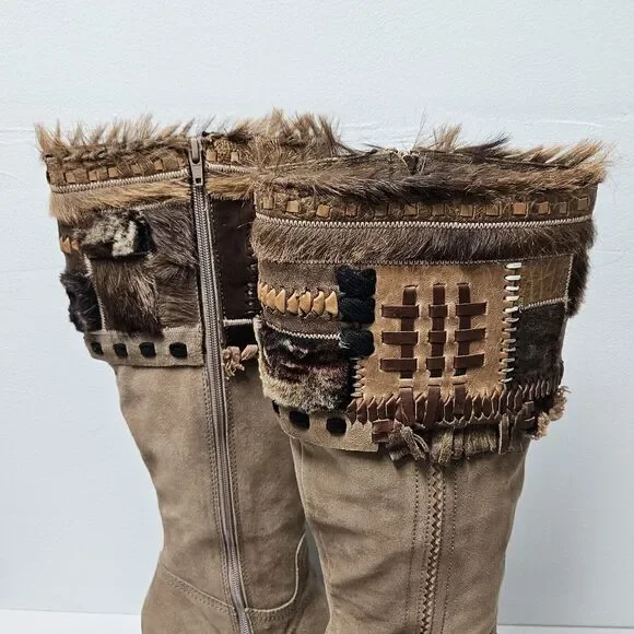Apepazza Ninfa Boots Womens 9.5 Tan Suede Leather Wedge Boho Tribal Patchwork - Picture 6 of 14
